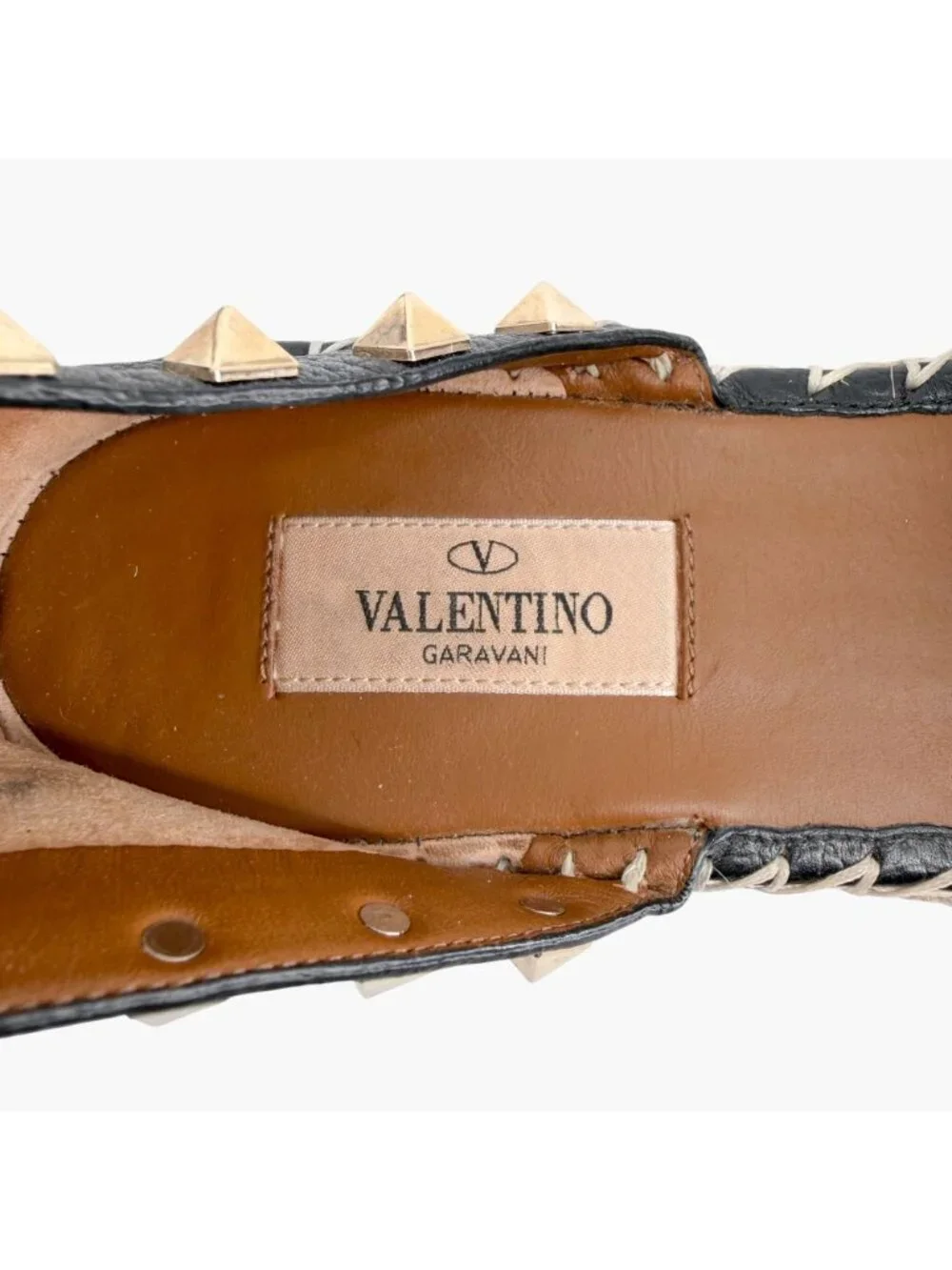Valentino Garavani Rockstud Espadrille Flat Sandals Black Leather Size 38 US 8